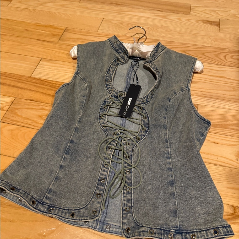 Fashion Nova Blue Denim Lace-Up top
